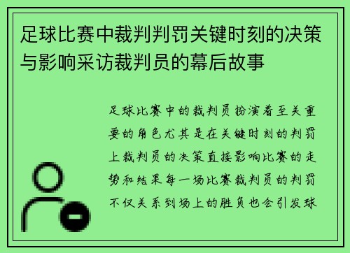 足球比赛中裁判判罚关键时刻的决策与影响采访裁判员的幕后故事