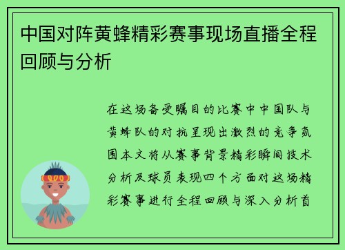 中国对阵黄蜂精彩赛事现场直播全程回顾与分析