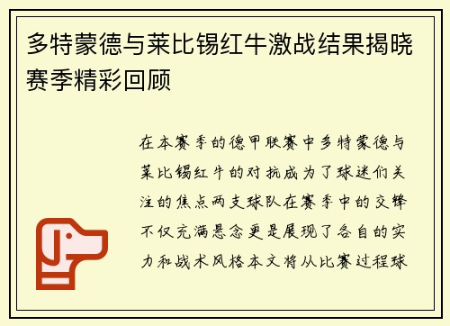 多特蒙德与莱比锡红牛激战结果揭晓赛季精彩回顾